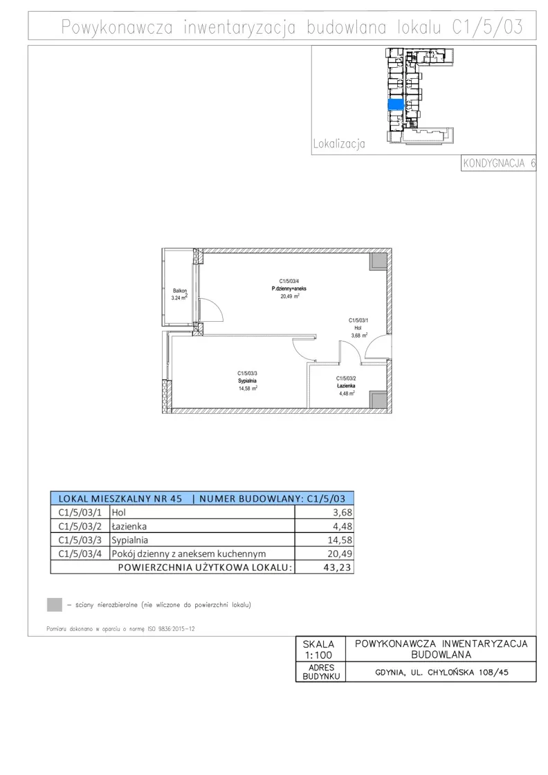 2 pokoje, mieszkanie 43,23 m², piętro 5, oferta nr C1/5/03, STO10 Chylońska, Gdynia, Chylonia, ul. Chylońska 108