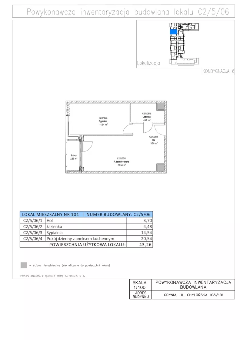 2 pokoje, mieszkanie 43,26 m², piętro 5, oferta nr C2/5/06, STO10 Chylońska, Gdynia, Chylonia, ul. Chylońska 108