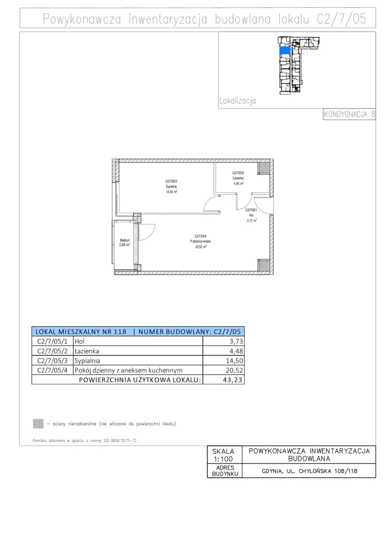 2 pokoje, mieszkanie 43,23 m², piętro 7, oferta nr C2/7/05, STO10 Chylońska, Gdynia, Chylonia, ul. Chylońska 108