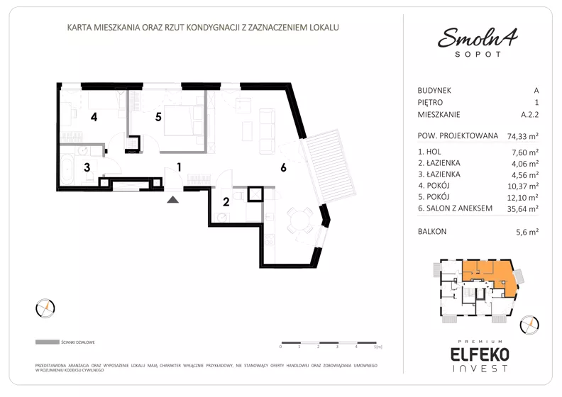 3 pokoje, mieszkanie 74,33 m², piętro 1, oferta nr A.2.2, Smolna 4, Sopot, Świemirowo, ul. Smolna 4
