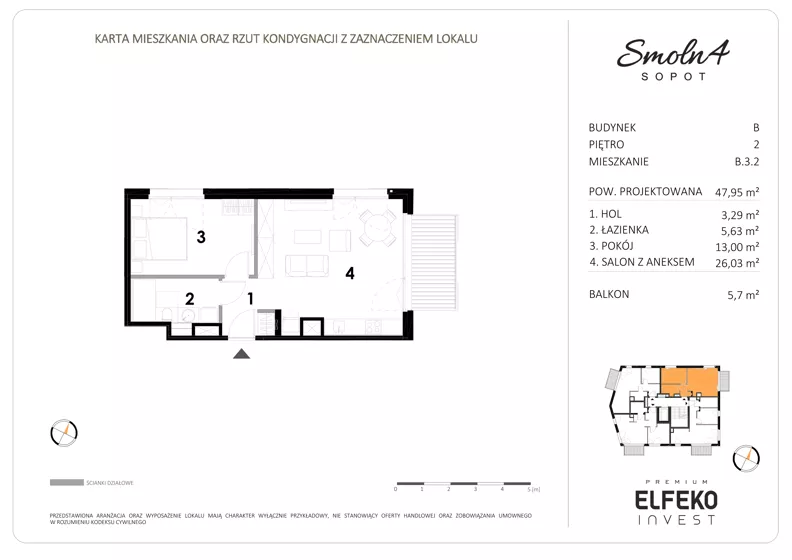 2 pokoje, mieszkanie 47,95 m², piętro 2, oferta nr B.3.2, Smolna 4, Sopot, Świemirowo, ul. Smolna 4