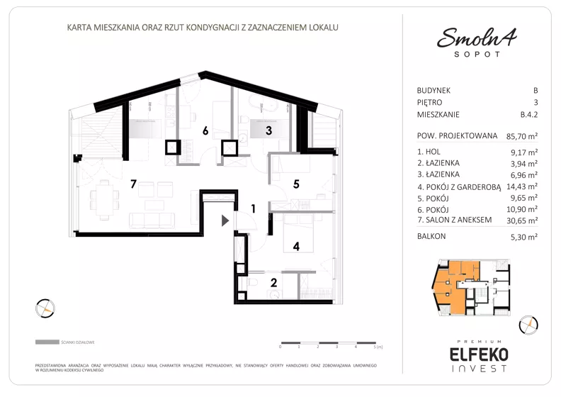 4 pokoje, mieszkanie 85,70 m², piętro 3, oferta nr B.4.2, Smolna 4, Sopot, Świemirowo, ul. Smolna 4
