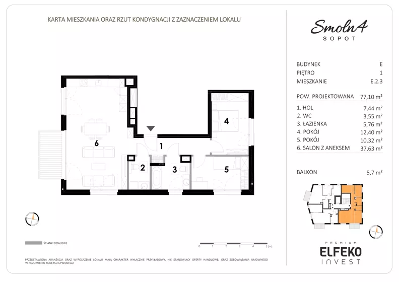 3 pokoje, mieszkanie 77,10 m², piętro 1, oferta nr E.2.3, Smolna 4, Sopot, Świemirowo, ul. Smolna 4