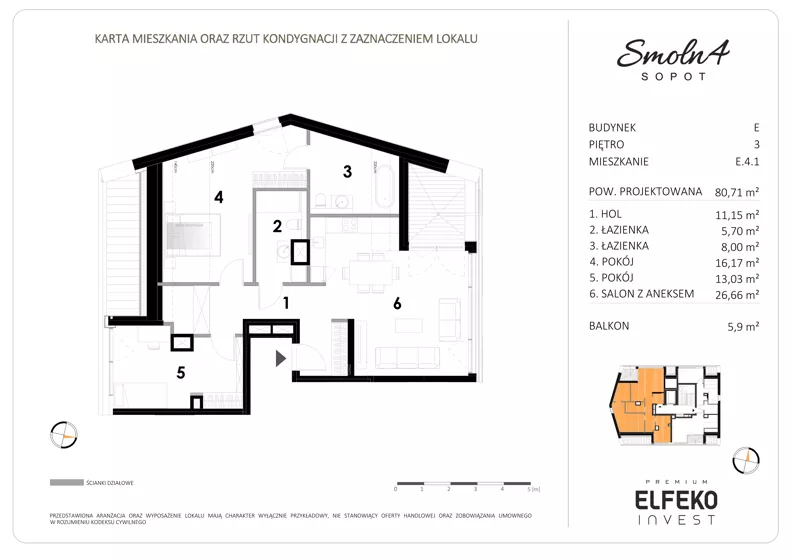 3 pokoje, mieszkanie 80,71 m², piętro 3, oferta nr E.4.1, Smolna 4, Sopot, Świemirowo, ul. Smolna 4