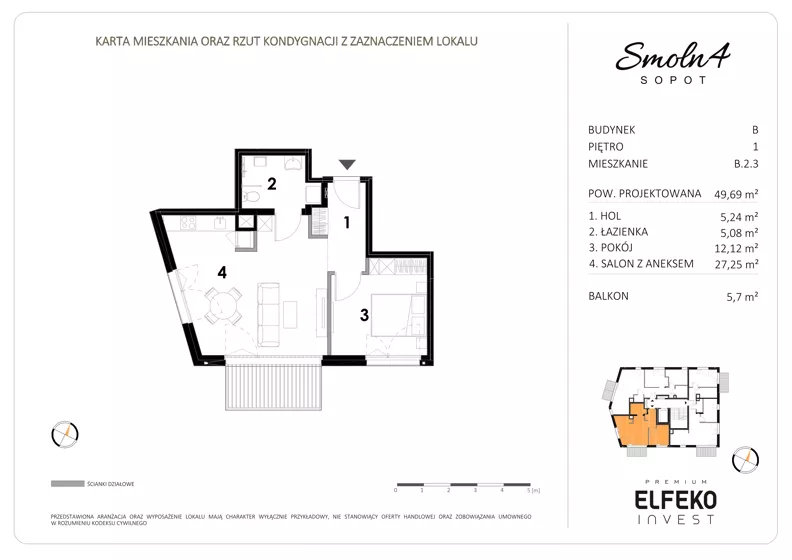 2 pokoje, mieszkanie 49,69 m², piętro 1, oferta nr B.2.3, Smolna 4, Sopot, Świemirowo, ul. Smolna 4