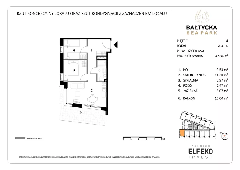 3 pokoje, apartament inwestycyjny 42,34 m², piętro 4, oferta nr A.4.14, Bałtycka Sea Park, Krynica Morska, ul. Bałtycka