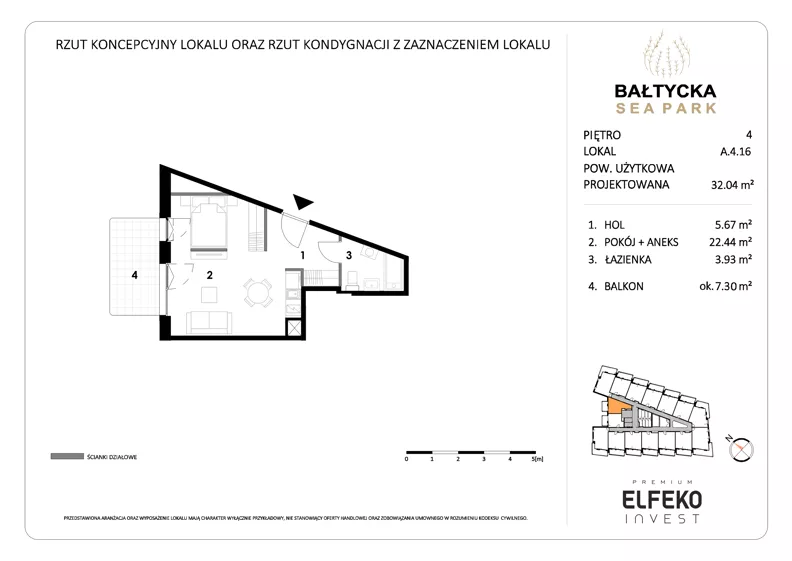 1 pokój, apartament inwestycyjny 32,04 m², piętro 4, oferta nr A.4.16, Bałtycka Sea Park, Krynica Morska, ul. Bałtycka