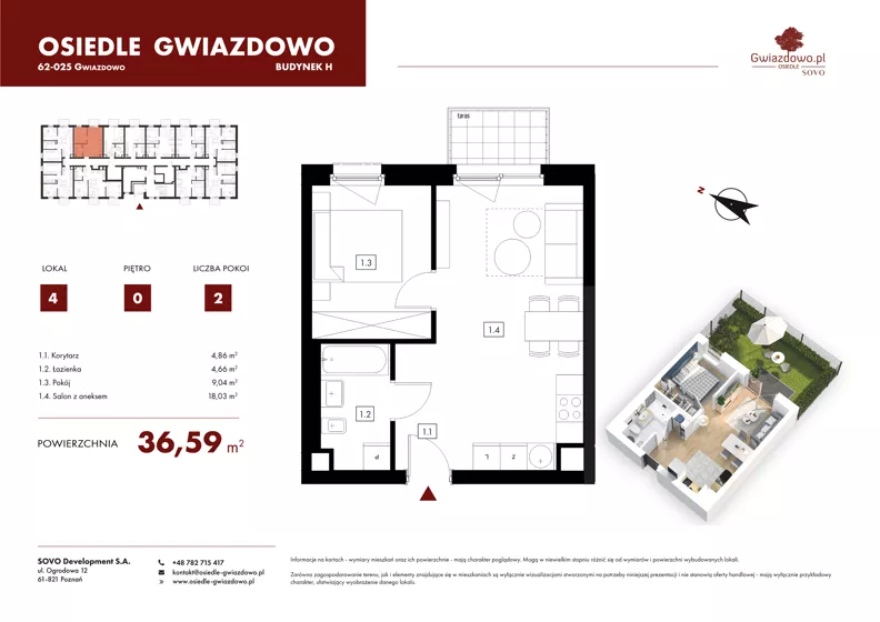 2 pokoje, mieszkanie 36,59 m², parter, oferta nr H04, Osiedle Gwiazdowo, Gwiazdowo, ul. Mikołaja Kopernika