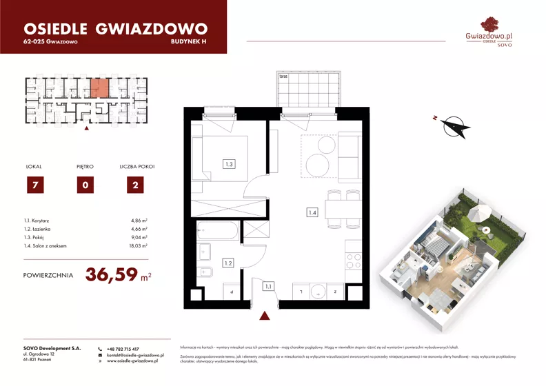 2 pokoje, mieszkanie 36,59 m², parter, oferta nr H07, Osiedle Gwiazdowo, Gwiazdowo, ul. Mikołaja Kopernika