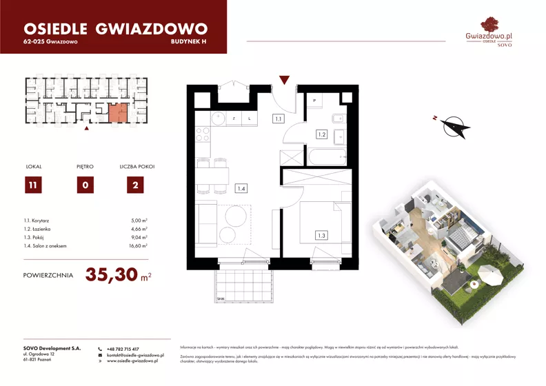 2 pokoje, mieszkanie 35,30 m², parter, oferta nr H11, Osiedle Gwiazdowo, Gwiazdowo, ul. Mikołaja Kopernika