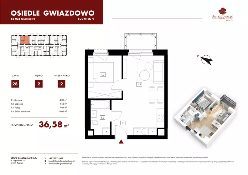 2 pokoje, mieszkanie 36,58 m², piętro 2, oferta nr H28, Osiedle Gwiazdowo, Gwiazdowo, ul. Mikołaja Kopernika