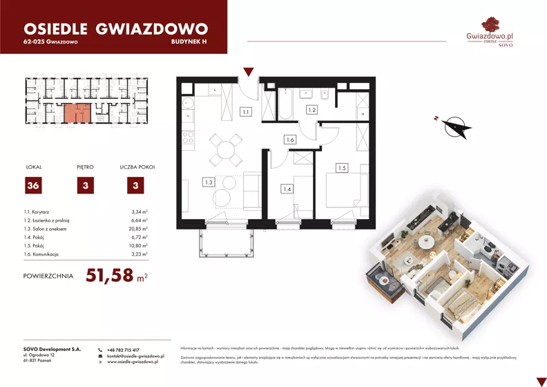 3 pokoje, mieszkanie 51,58 m², piętro 3, oferta nr H36, Osiedle Gwiazdowo, Gwiazdowo, ul. Mikołaja Kopernika