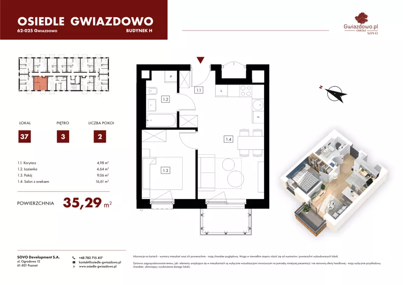 2 pokoje, mieszkanie 35,29 m², piętro 3, oferta nr H37, Osiedle Gwiazdowo, Gwiazdowo, ul. Mikołaja Kopernika
