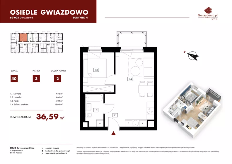 2 pokoje, mieszkanie 36,59 m², piętro 3, oferta nr H40, Osiedle Gwiazdowo, Gwiazdowo, ul. Mikołaja Kopernika