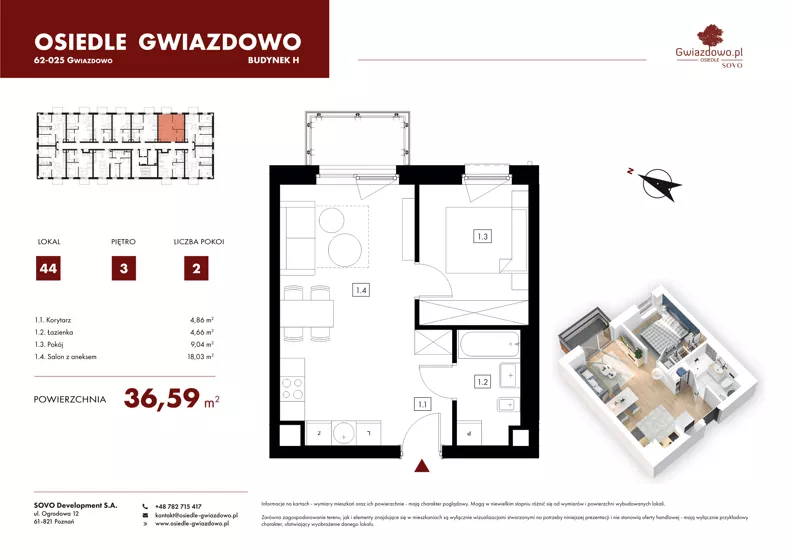 2 pokoje, mieszkanie 36,59 m², piętro 3, oferta nr H44, Osiedle Gwiazdowo, Gwiazdowo, ul. Mikołaja Kopernika
