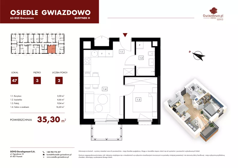 2 pokoje, mieszkanie 35,30 m², piętro 3, oferta nr H47, Osiedle Gwiazdowo, Gwiazdowo, ul. Mikołaja Kopernika