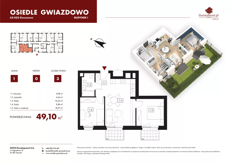 3 pokoje, mieszkanie 49,10 m², parter, oferta nr I01, Osiedle Gwiazdowo, Gwiazdowo, ul. Mikołaja Kopernika