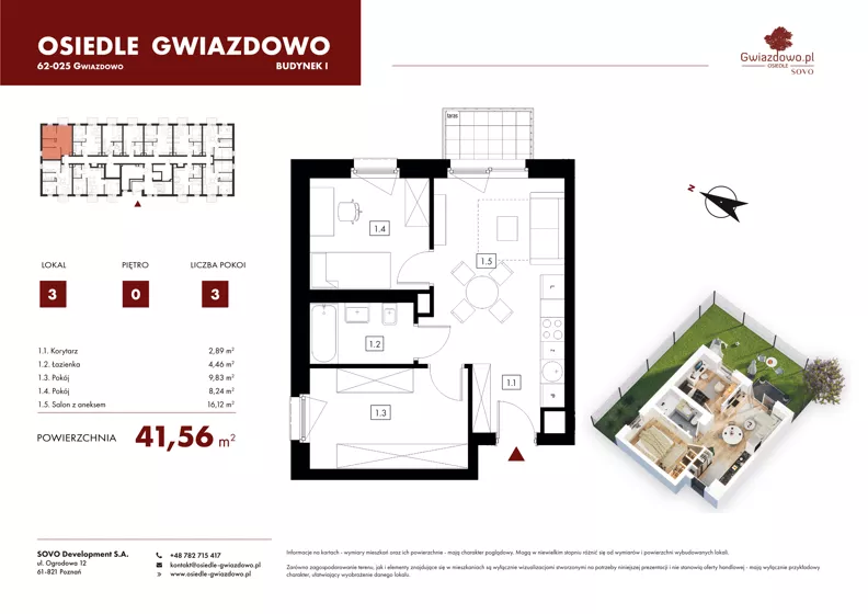 3 pokoje, mieszkanie 41,56 m², parter, oferta nr I03, Osiedle Gwiazdowo, Gwiazdowo, ul. Mikołaja Kopernika