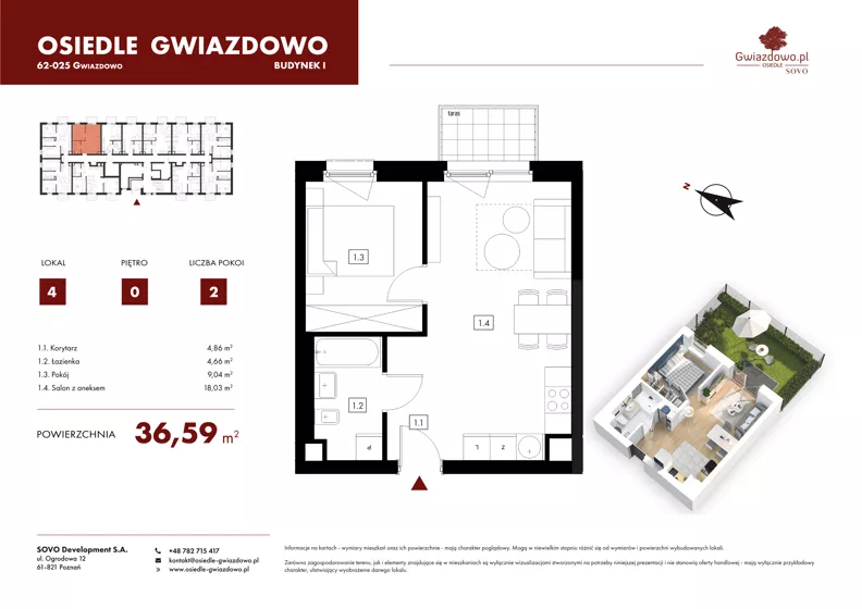 2 pokoje, mieszkanie 36,59 m², parter, oferta nr I04, Osiedle Gwiazdowo, Gwiazdowo, ul. Mikołaja Kopernika