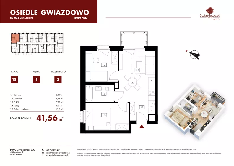 3 pokoje, mieszkanie 41,56 m², piętro 1, oferta nr I15, Osiedle Gwiazdowo, Gwiazdowo, ul. Mikołaja Kopernika