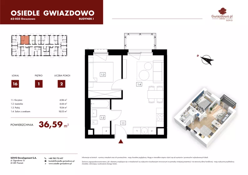 2 pokoje, mieszkanie 36,59 m², piętro 1, oferta nr I16, Osiedle Gwiazdowo, Gwiazdowo, ul. Mikołaja Kopernika