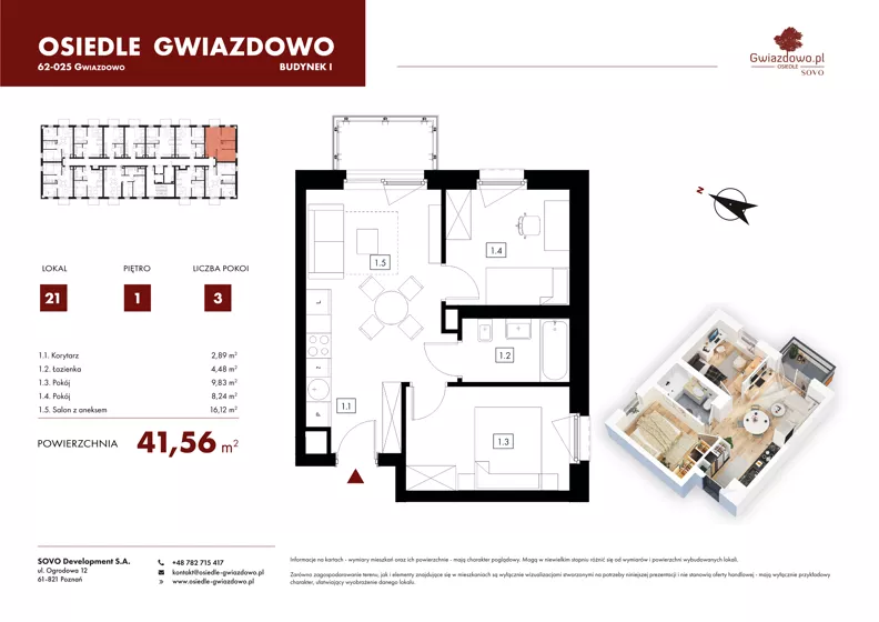 3 pokoje, mieszkanie 41,56 m², piętro 1, oferta nr I21, Osiedle Gwiazdowo, Gwiazdowo, ul. Mikołaja Kopernika
