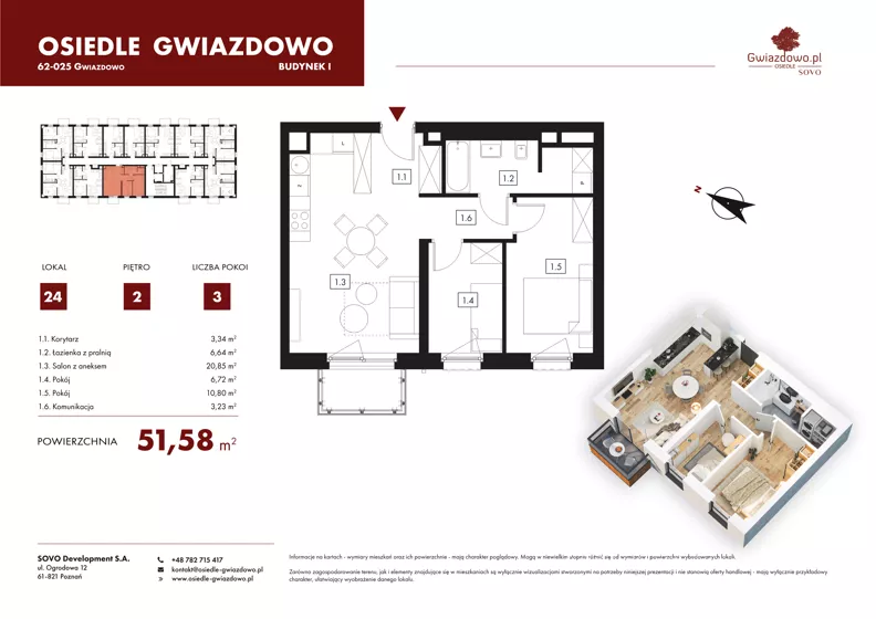 3 pokoje, mieszkanie 51,58 m², piętro 2, oferta nr I24, Osiedle Gwiazdowo, Gwiazdowo, ul. Mikołaja Kopernika
