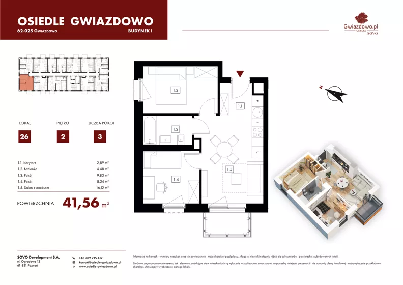 3 pokoje, mieszkanie 41,56 m², piętro 2, oferta nr I26, Osiedle Gwiazdowo, Gwiazdowo, ul. Mikołaja Kopernika