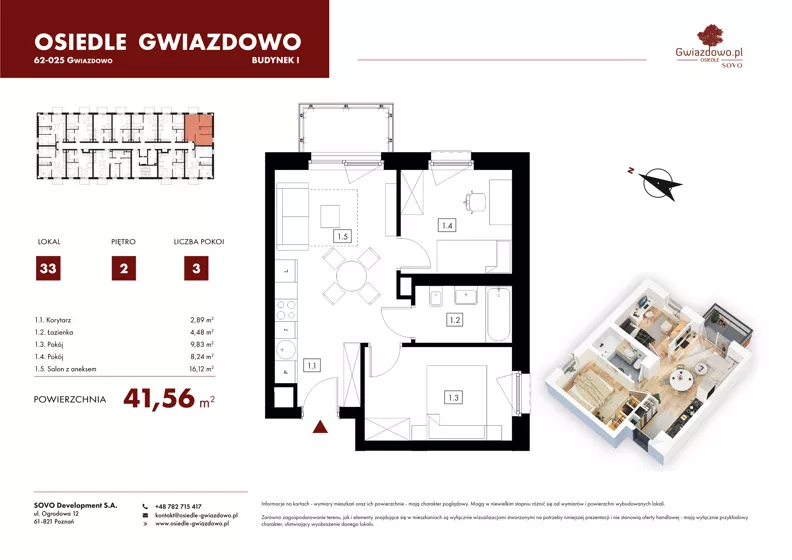 3 pokoje, mieszkanie 41,56 m², piętro 2, oferta nr I33, Osiedle Gwiazdowo, Gwiazdowo, ul. Mikołaja Kopernika