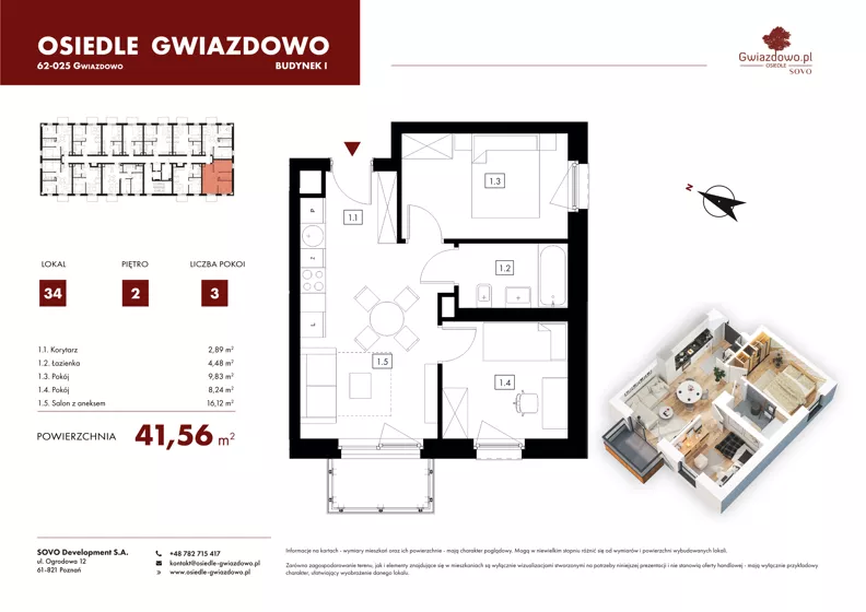 3 pokoje, mieszkanie 41,56 m², piętro 2, oferta nr I34, Osiedle Gwiazdowo, Gwiazdowo, ul. Mikołaja Kopernika