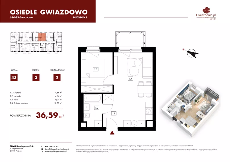 2 pokoje, mieszkanie 36,59 m², piętro 3, oferta nr I43, Osiedle Gwiazdowo, Gwiazdowo, ul. Mikołaja Kopernika
