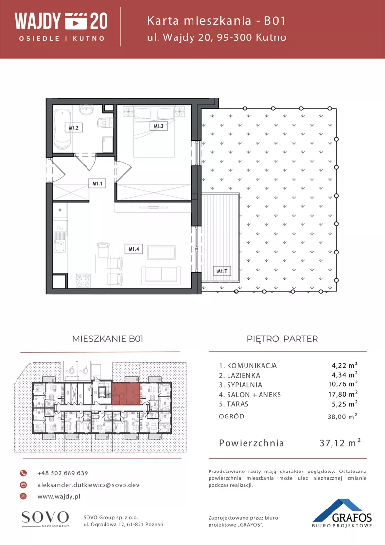 2 pokoje, mieszkanie 37,12 m², parter, oferta nr B01, Osiedle Wajdy 20, Kutno, ul. Andrzeja Wajdy 20