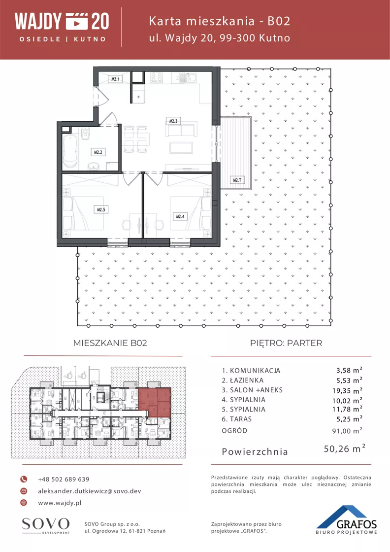 3 pokoje, mieszkanie 50,26 m², parter, oferta nr B02, Osiedle Wajdy 20, Kutno, ul. Andrzeja Wajdy 20