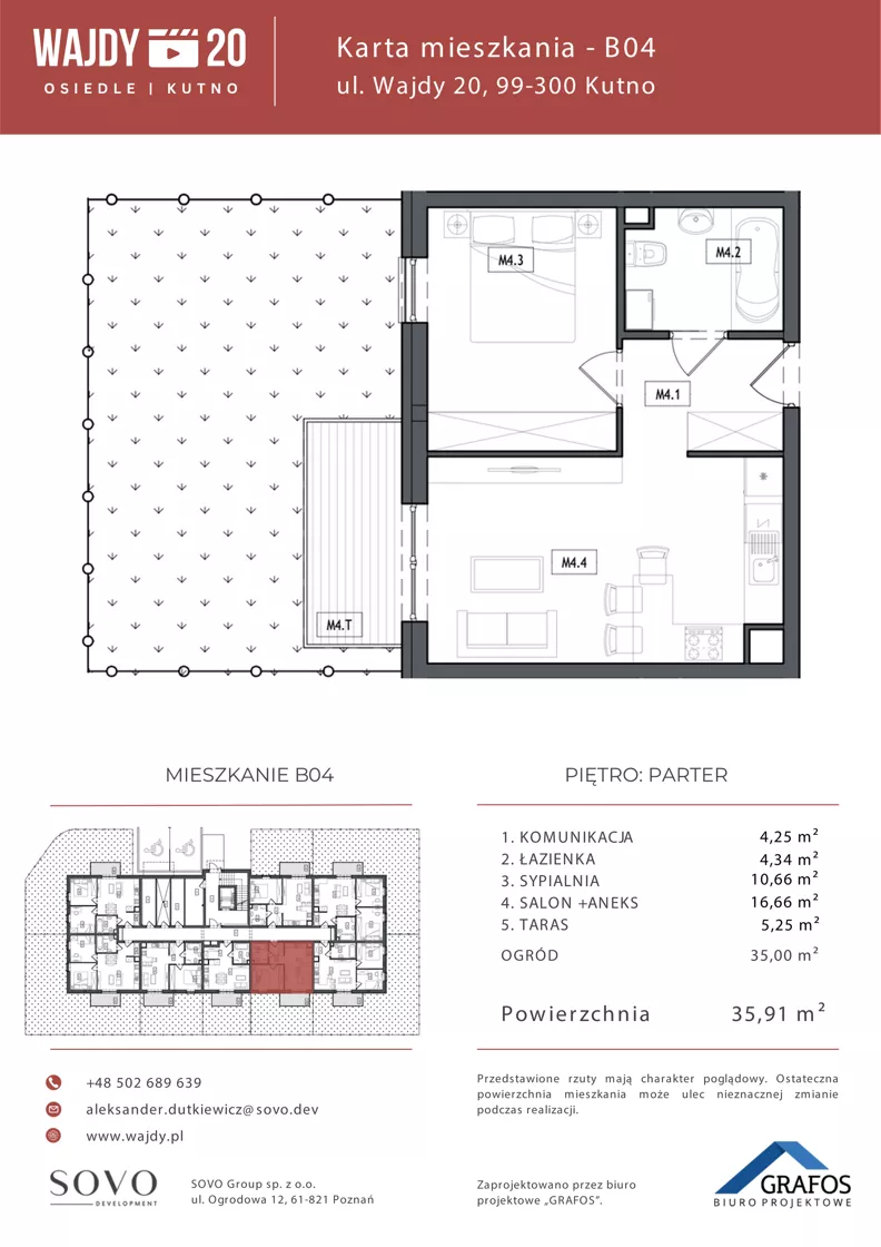 2 pokoje, mieszkanie 35,91 m², parter, oferta nr B04, Osiedle Wajdy 20, Kutno, ul. Andrzeja Wajdy 20