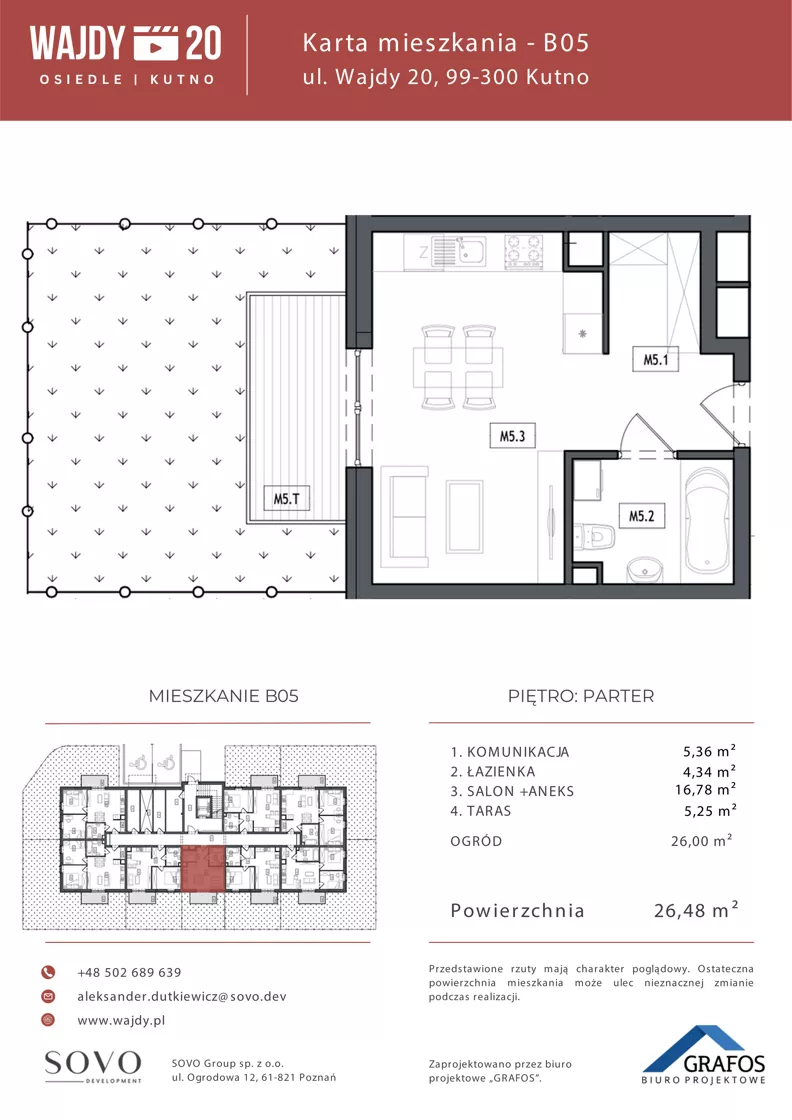 1 pokój, mieszkanie 26,48 m², parter, oferta nr B05, Osiedle Wajdy 20, Kutno, ul. Andrzeja Wajdy 20