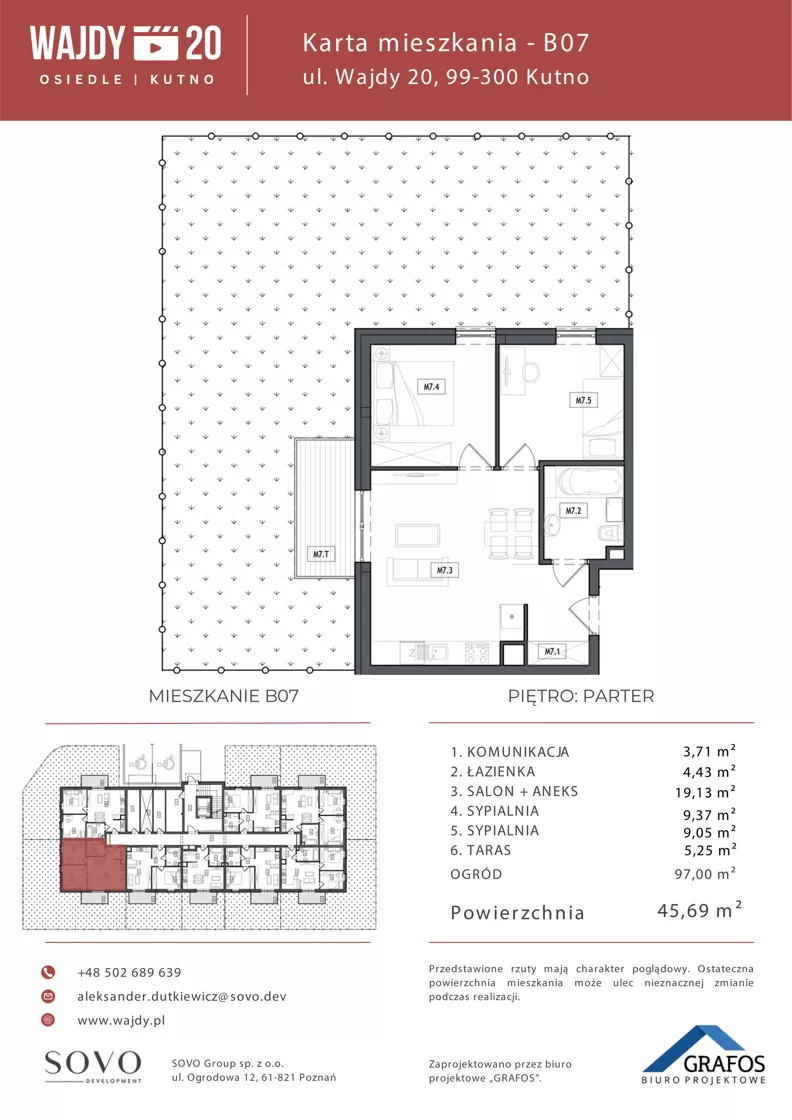 3 pokoje, mieszkanie 45,69 m², parter, oferta nr B07, Osiedle Wajdy 20, Kutno, ul. Andrzeja Wajdy 20