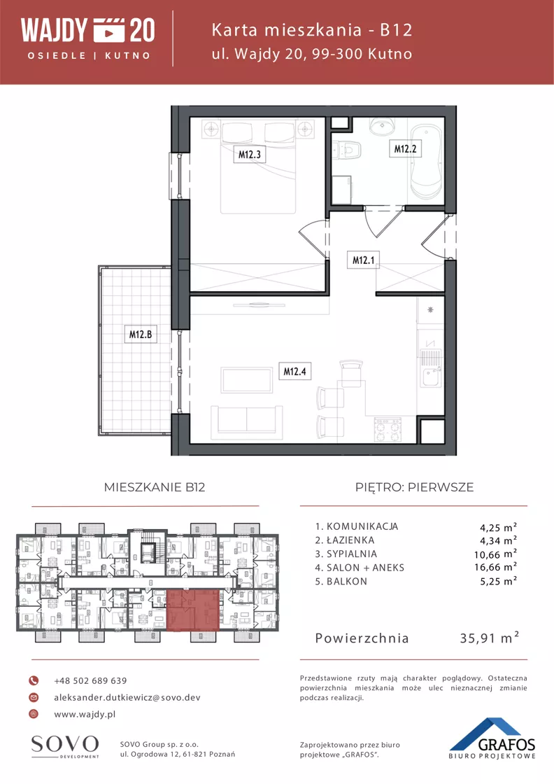 2 pokoje, mieszkanie 35,91 m², piętro 1, oferta nr B12, Osiedle Wajdy 20, Kutno, ul. Andrzeja Wajdy 20