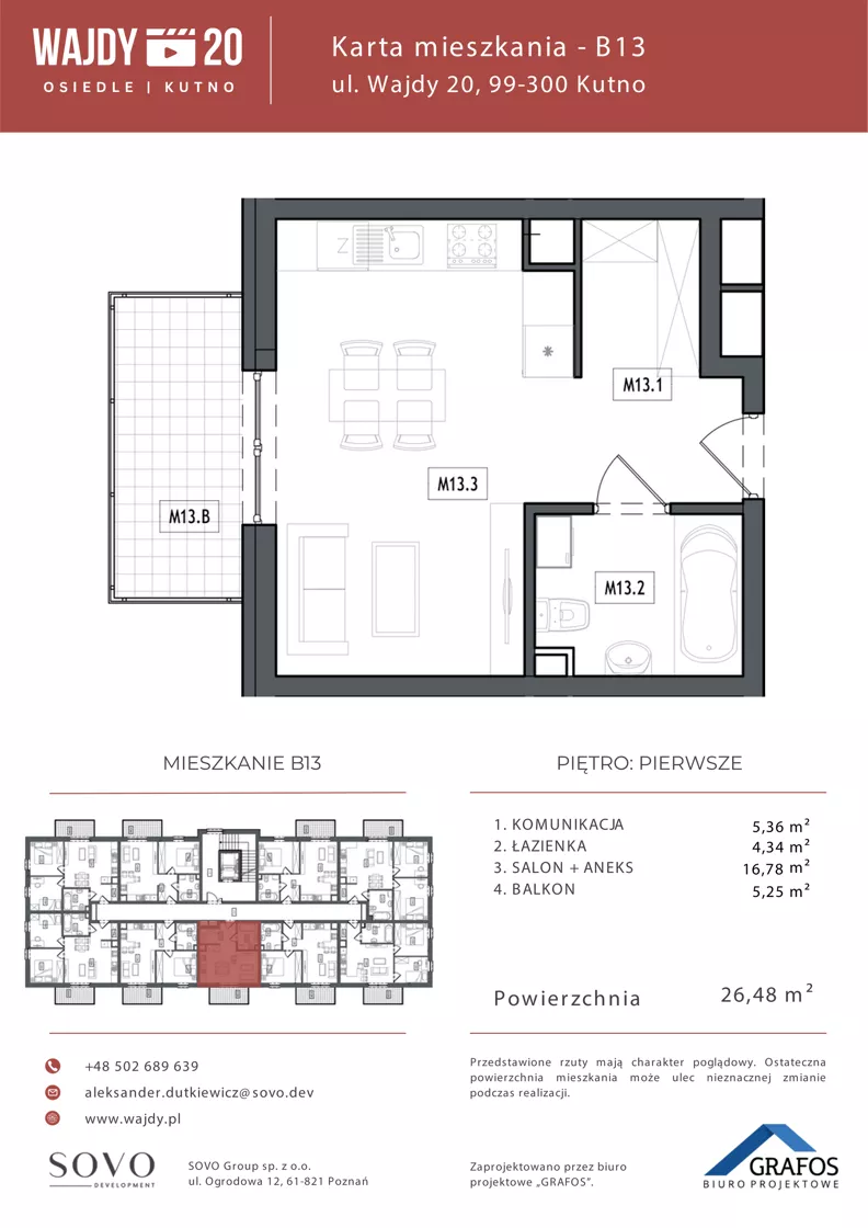 1 pokój, mieszkanie 26,48 m², piętro 1, oferta nr B13, Osiedle Wajdy 20, Kutno, ul. Andrzeja Wajdy 20