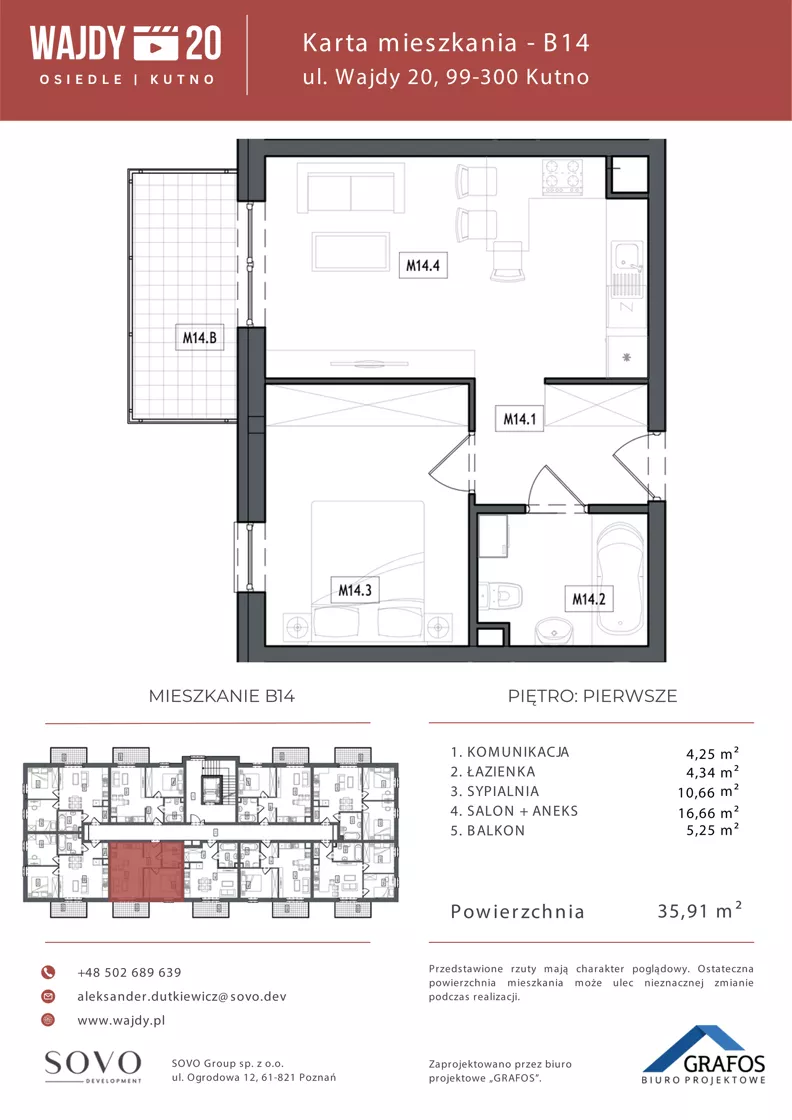 2 pokoje, mieszkanie 35,91 m², piętro 1, oferta nr B14, Osiedle Wajdy 20, Kutno, ul. Andrzeja Wajdy 20