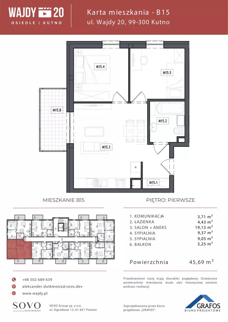 3 pokoje, mieszkanie 45,69 m², piętro 1, oferta nr B15, Osiedle Wajdy 20, Kutno, ul. Andrzeja Wajdy 20
