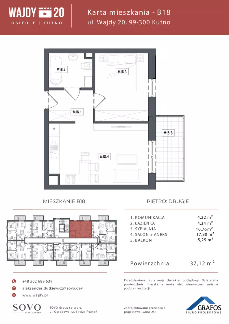 2 pokoje, mieszkanie 37,12 m², piętro 2, oferta nr B18, Osiedle Wajdy 20, Kutno, ul. Andrzeja Wajdy 20