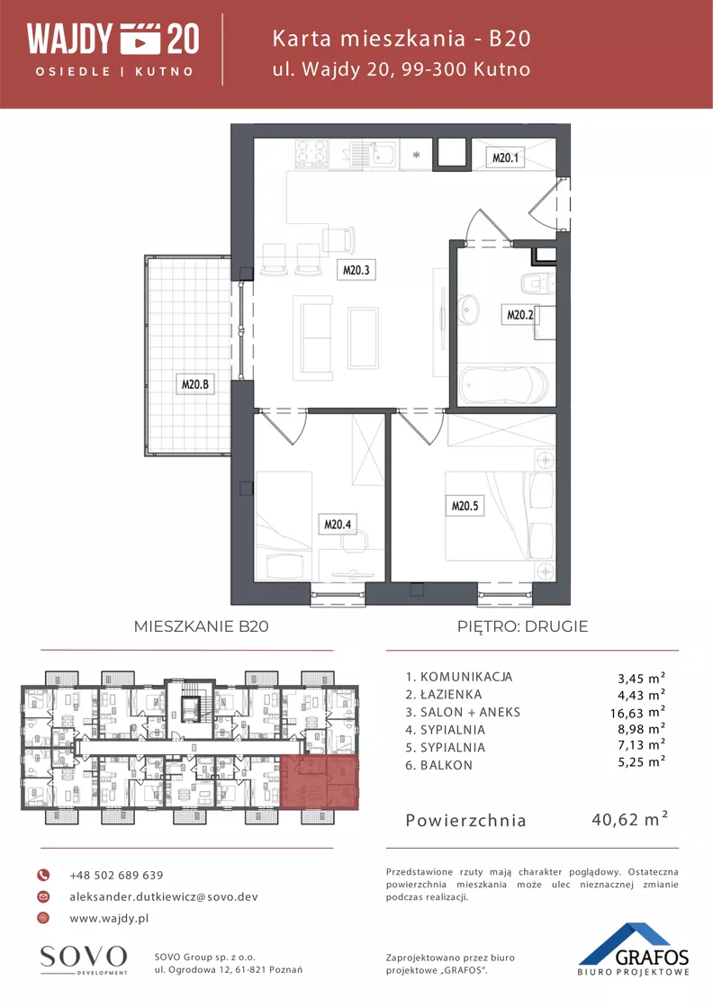 3 pokoje, mieszkanie 40,62 m², piętro 2, oferta nr B20, Osiedle Wajdy 20, Kutno, ul. Andrzeja Wajdy 20