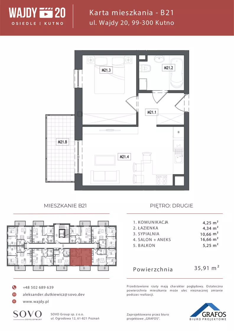 2 pokoje, mieszkanie 35,91 m², piętro 2, oferta nr B21, Osiedle Wajdy 20, Kutno, ul. Andrzeja Wajdy 20