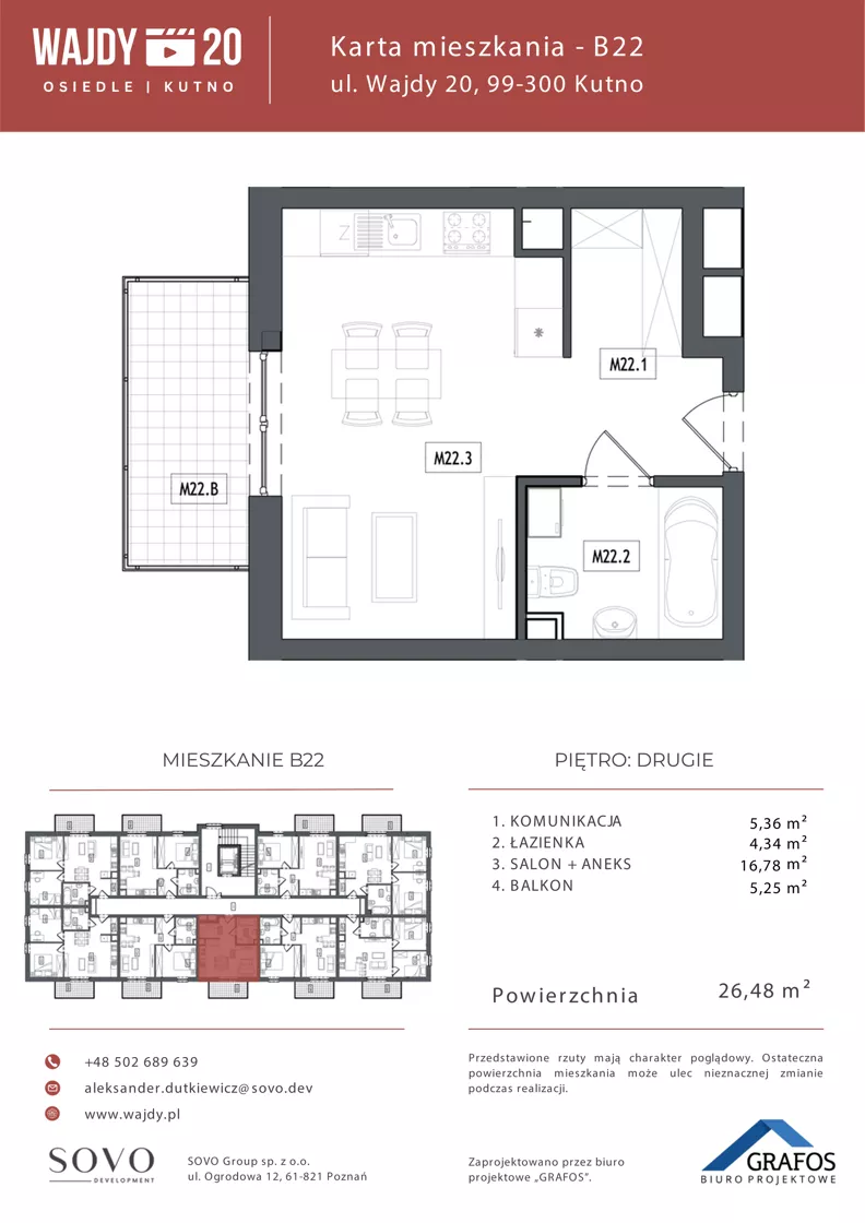 1 pokój, mieszkanie 26,48 m², piętro 2, oferta nr B22, Osiedle Wajdy 20, Kutno, ul. Andrzeja Wajdy 20