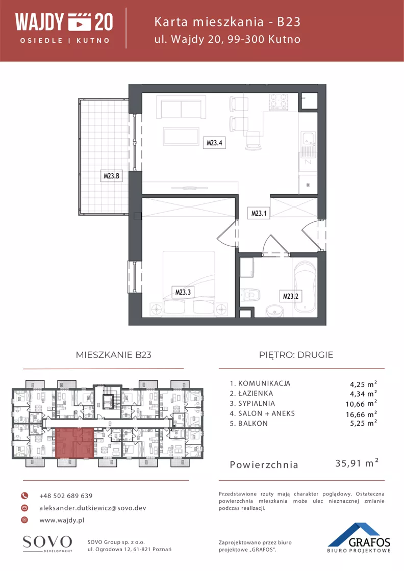 2 pokoje, mieszkanie 35,91 m², piętro 2, oferta nr B23, Osiedle Wajdy 20, Kutno, ul. Andrzeja Wajdy 20