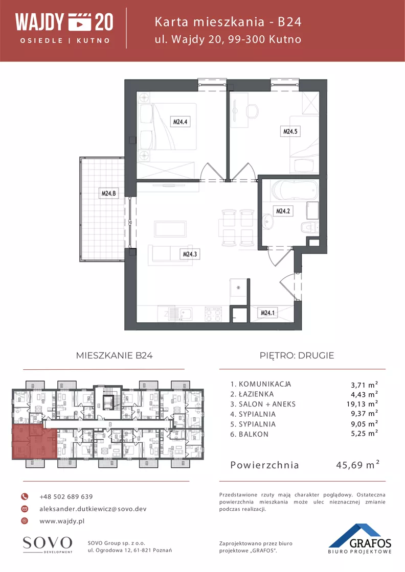3 pokoje, mieszkanie 45,69 m², piętro 2, oferta nr B24, Osiedle Wajdy 20, Kutno, ul. Andrzeja Wajdy 20