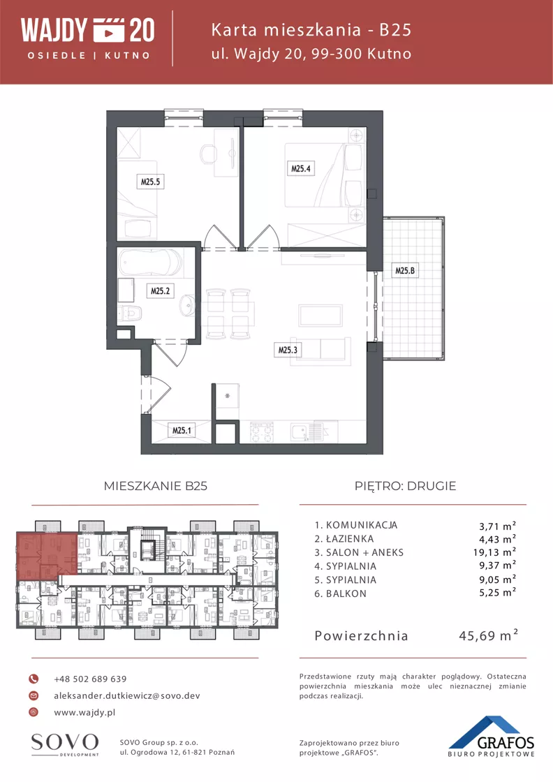 3 pokoje, mieszkanie 45,69 m², piętro 2, oferta nr B25, Osiedle Wajdy 20, Kutno, ul. Andrzeja Wajdy 20