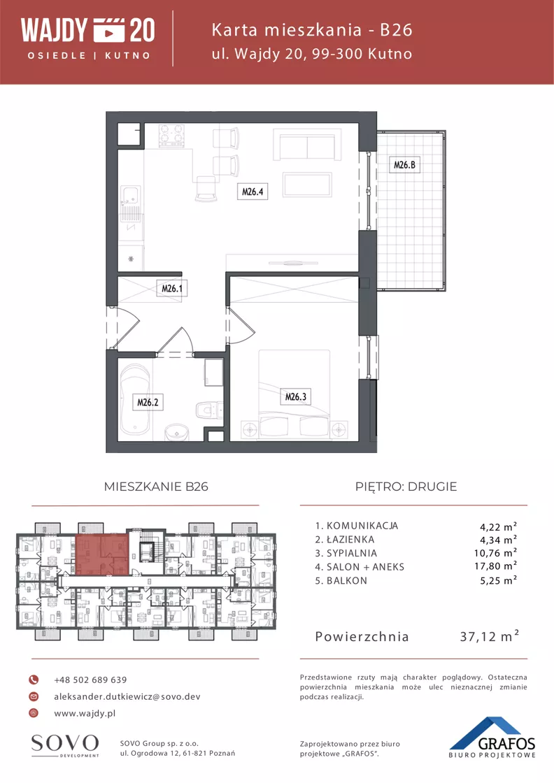 2 pokoje, mieszkanie 37,12 m², piętro 2, oferta nr B26, Osiedle Wajdy 20, Kutno, ul. Andrzeja Wajdy 20