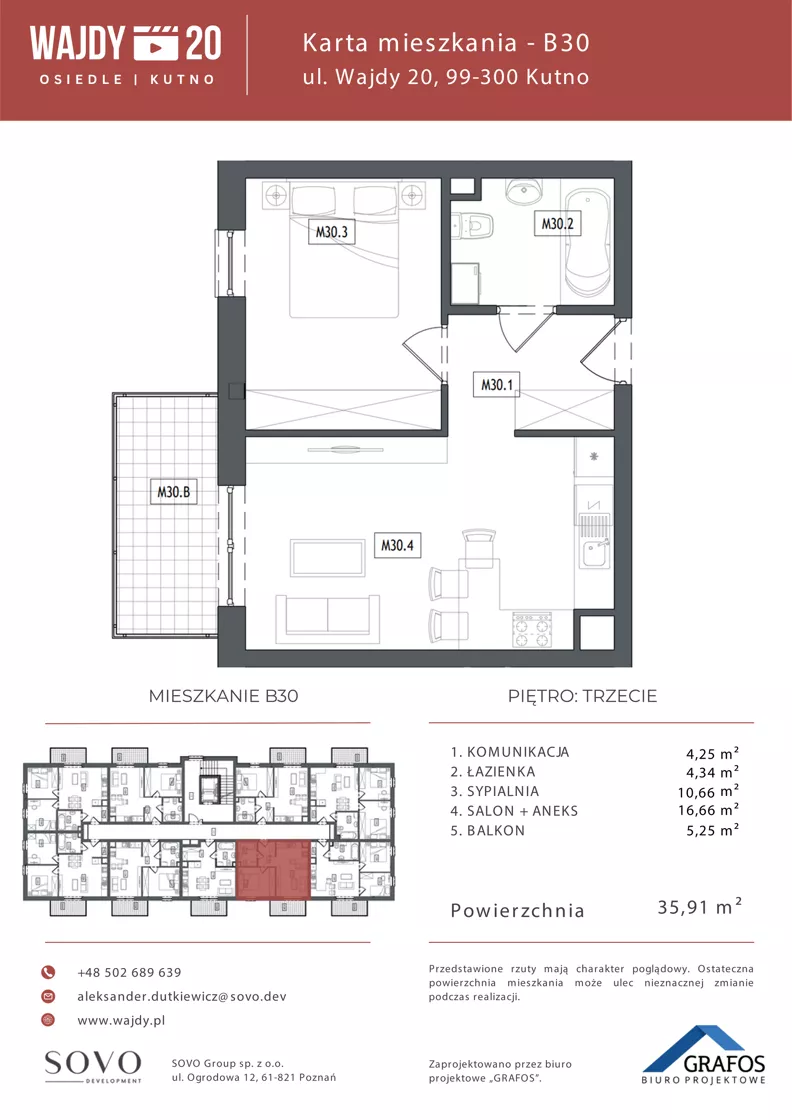 2 pokoje, mieszkanie 35,91 m², piętro 3, oferta nr B30, Osiedle Wajdy 20, Kutno, ul. Andrzeja Wajdy 20
