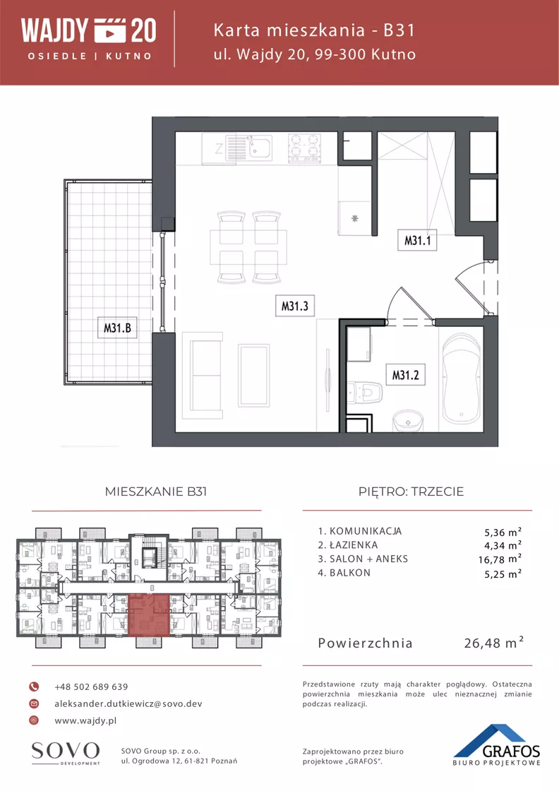 1 pokój, mieszkanie 26,48 m², piętro 3, oferta nr B31, Osiedle Wajdy 20, Kutno, ul. Andrzeja Wajdy 20